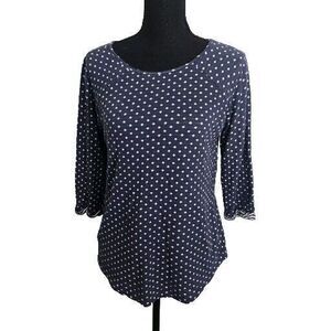 Boden Knit Top Women Small Blue Polka Dot Contrast Cuff Preppy Business Casual